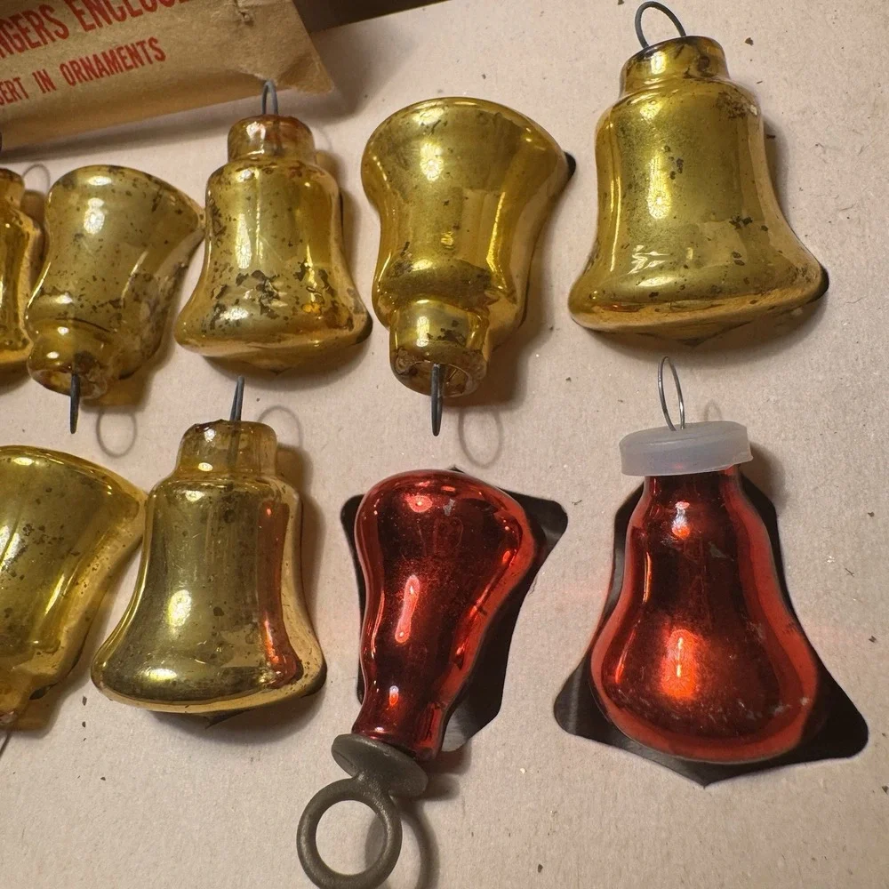 Vintage Shiny Brite Glass Tree Ornaments Bells ~ 8 Gold, 2 Red ~ 2 Wire Hangers